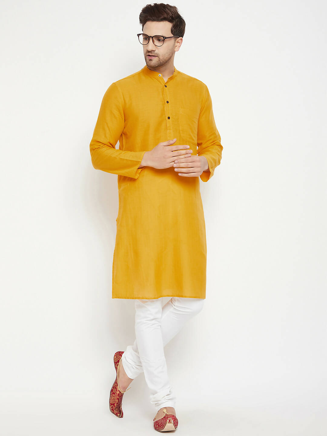 Even Apparels Yellow Pure Cotton Long Men's Kurta With Band Collar | Swadesiicart