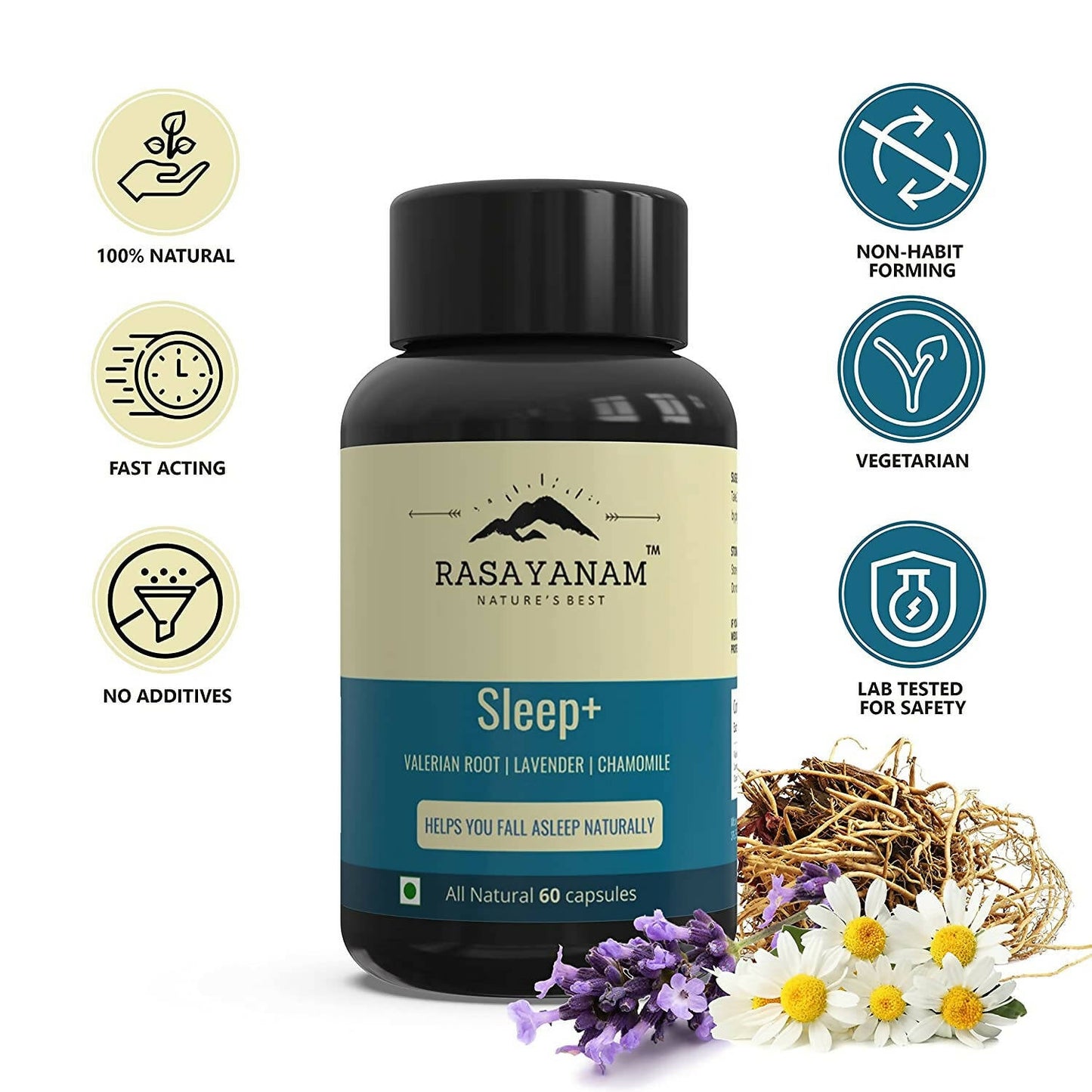 Rasayanam Sleep+ Capsules with Valerian Root, Lavender, Chamomile - Swadesiicart