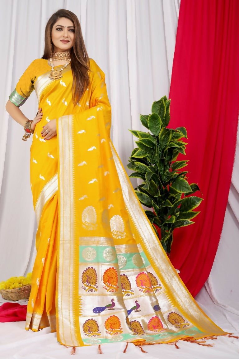 Jyoti Fashion Women's Yellow Paithani Silk Zari Woven Saree with Blouse | Swadesiicart