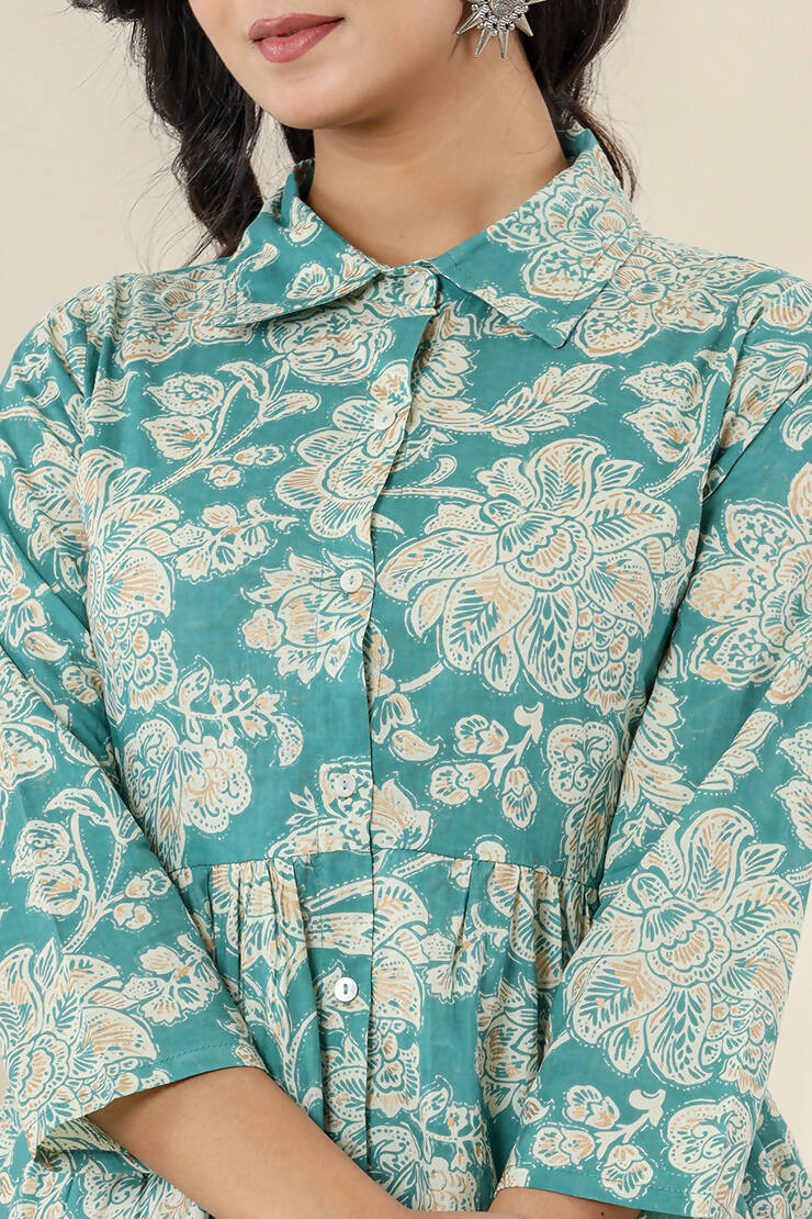 Kaajh Women's Turqouise Gold Print Cotton Co-ord Set - Swadesiicart