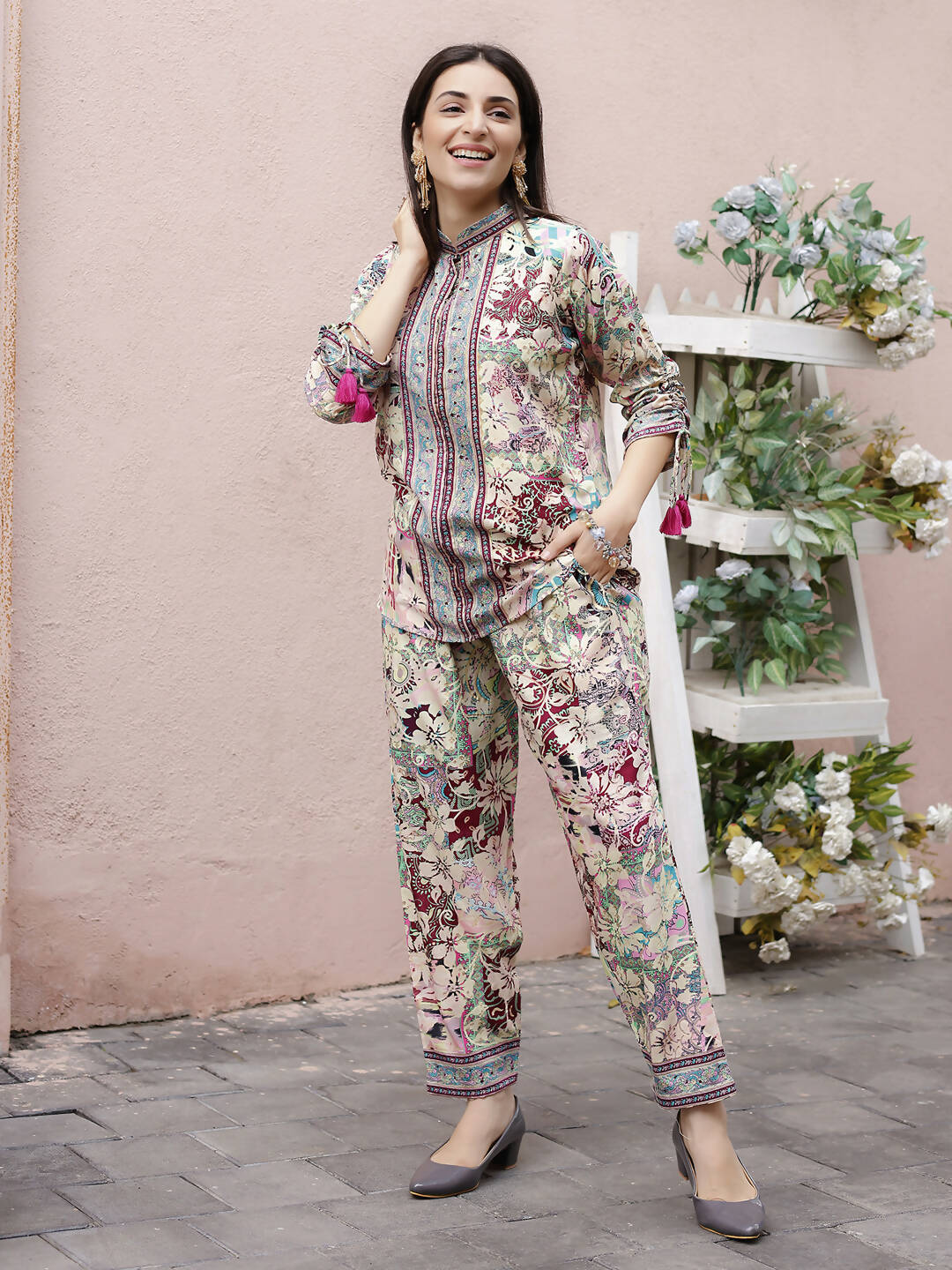 Cream Rayon Floral Printed Top with Matching Bottom - Eesha - Swadesiicart