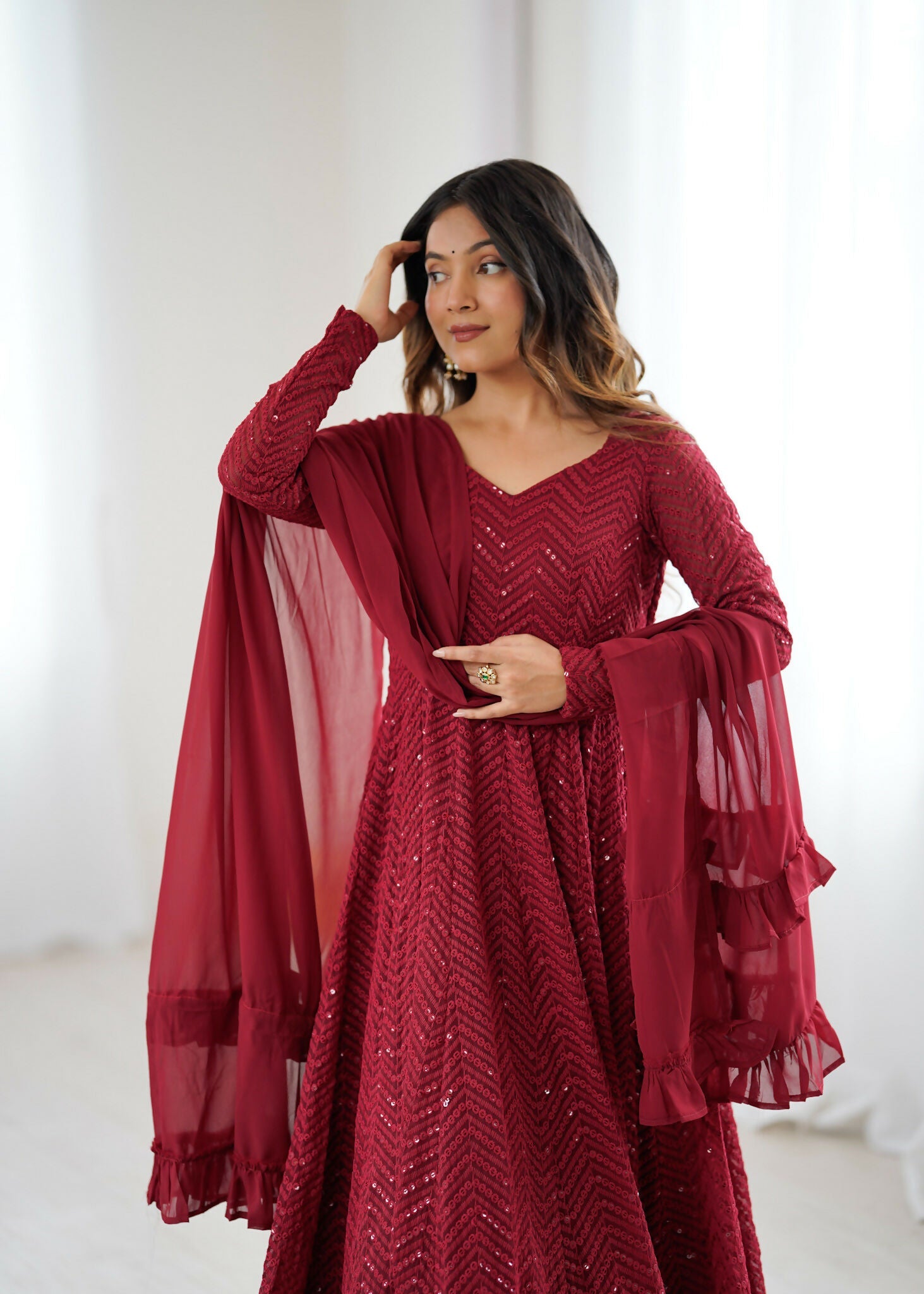 Joban Fashion Maroon Kurta Set Georgette Sequence Embroidery Work - Swadesiicart