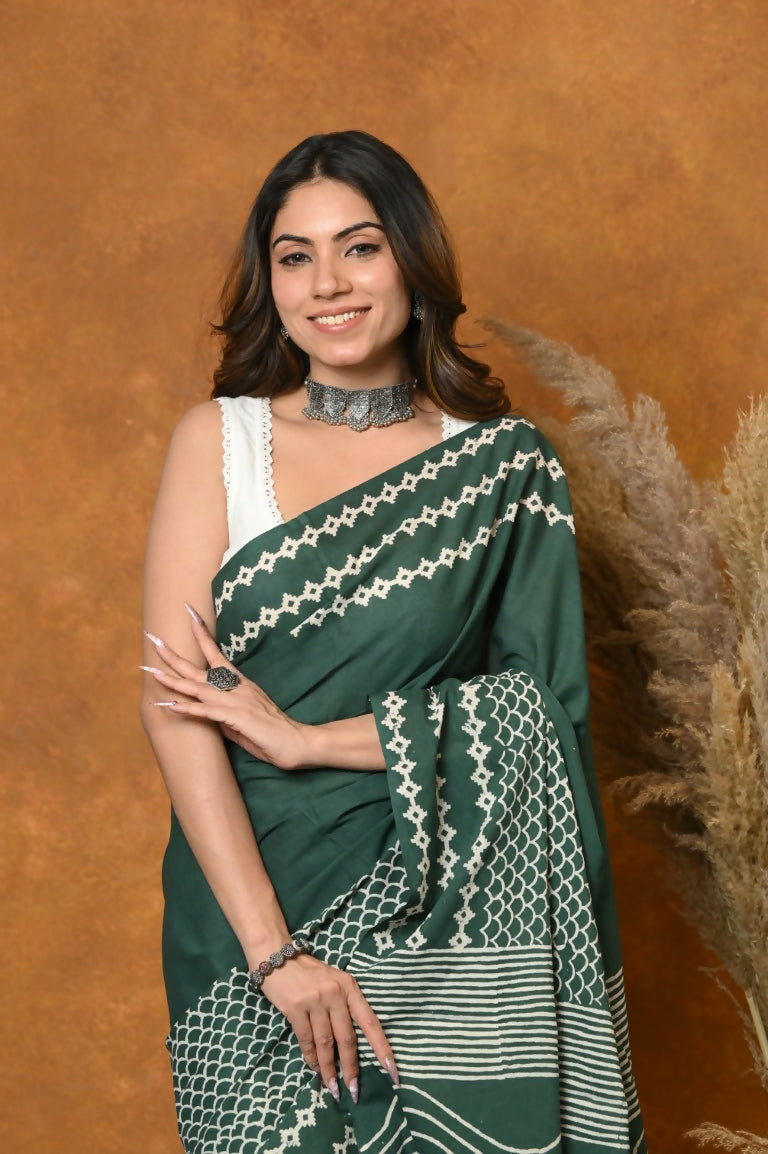 Very Much Indian Handblock Printed Cotton Saree With Natural Dyes - Leaf Green | Swadesiicart