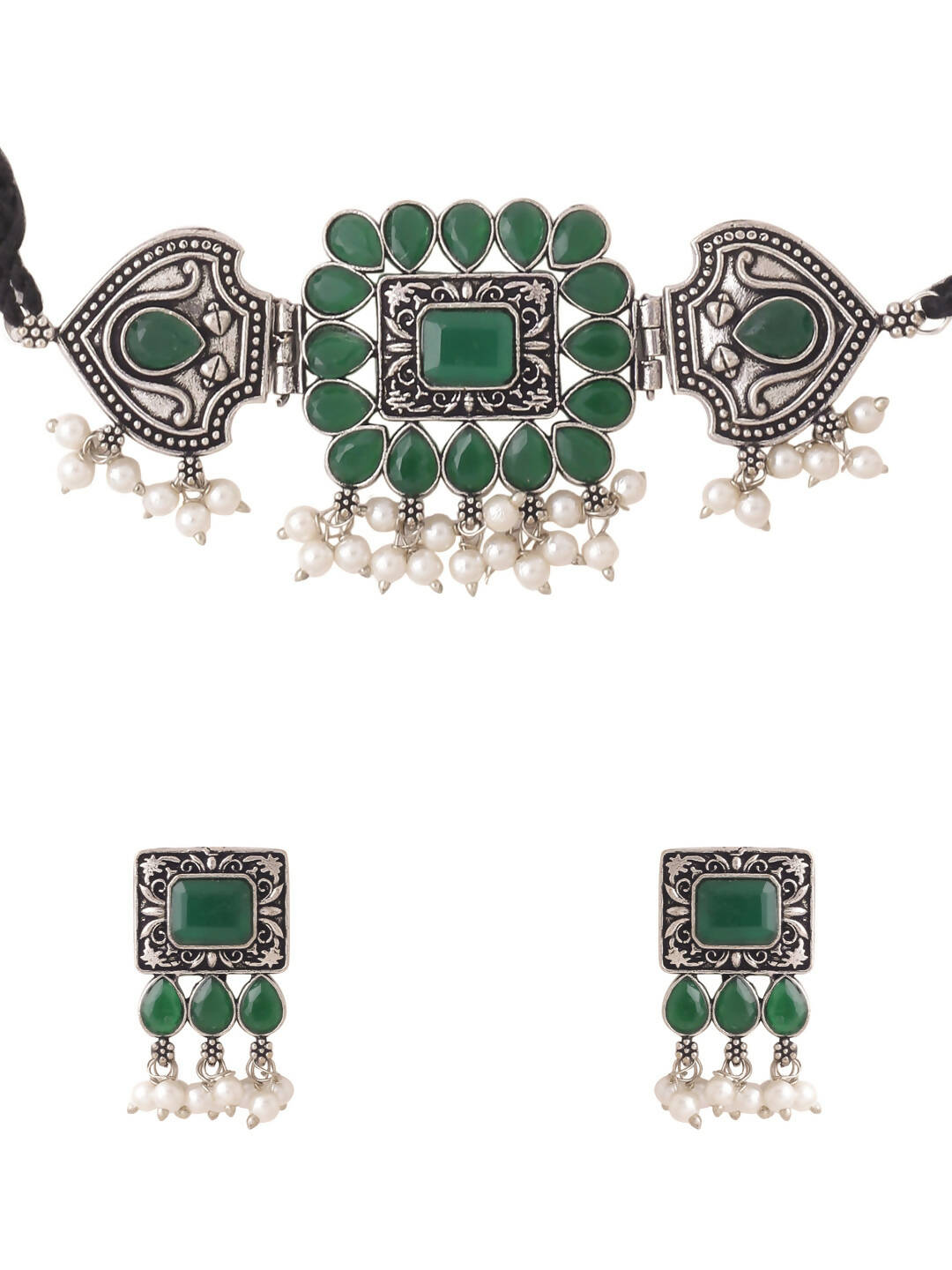 NVR Women's Oxidised Silver Plated Green Color Stone Jewellery Set With Earrings | Swadesiicart