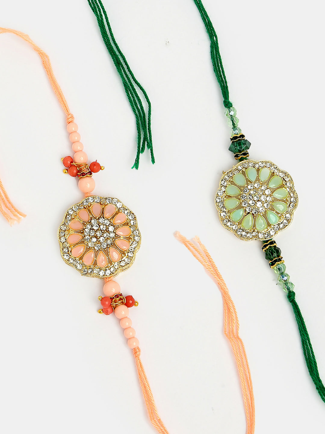 NVR Men Set of 2 Pink & Green Stone-Studded Rakhi With Roli Chawal & Chocolate | Swadesiicart