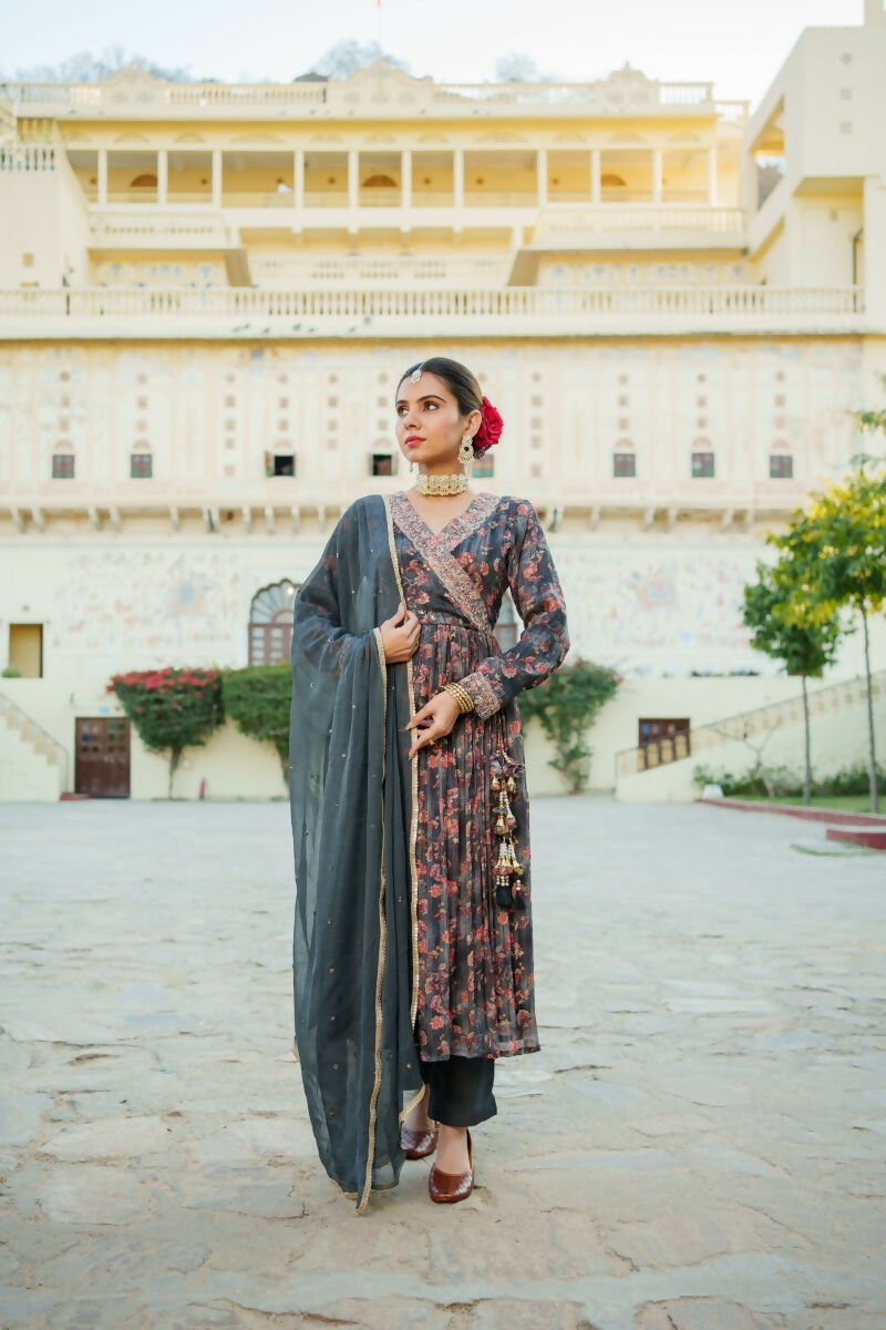 Vaasva Black Chinon Floral Embroidered Angrakha, Pant & Dupatta set | Swadesiicart