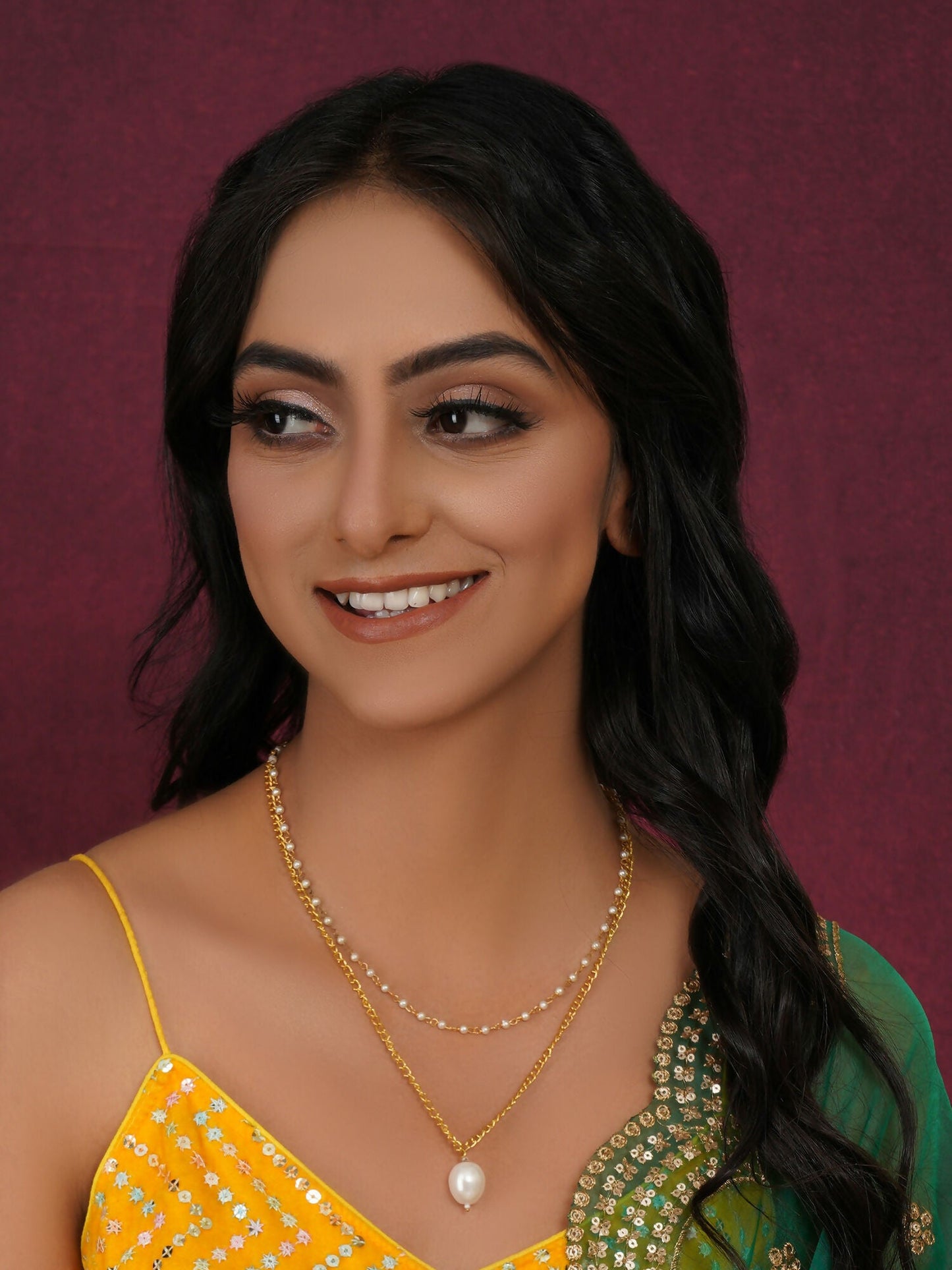 Layered Pearl and Gold Neckpiece with Emeralds (Gold) - Ruby Raang | Swadesiicart