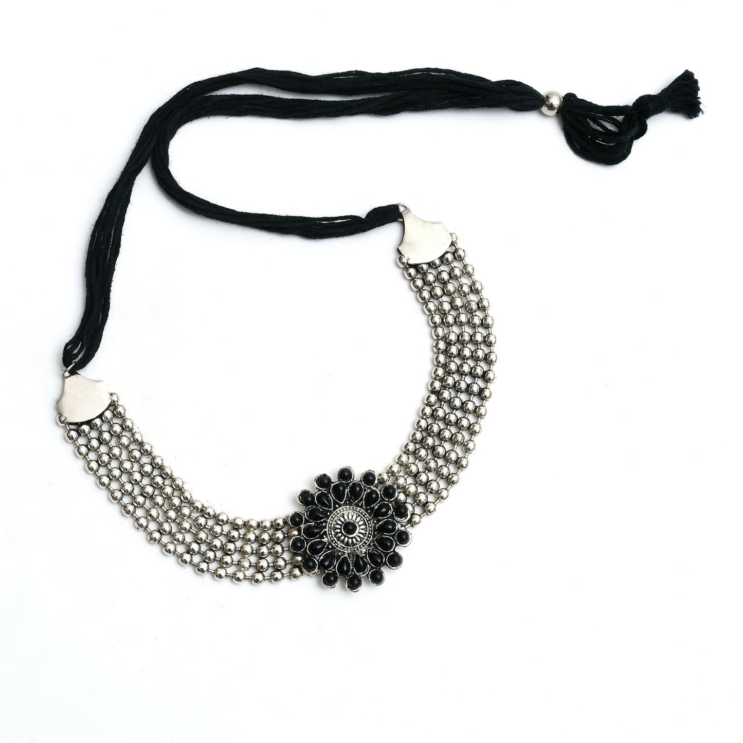 Mominos Fashion Johar Kamal Oxidised Silver-Plated Brass Finish Kundan Choker For Women (Black) | Swadesiicart