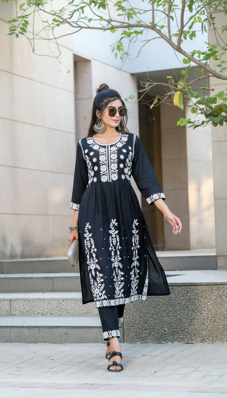 BulBul Arushi Black Rayon Kurta Set with Lucknowi Work - Swadesiicart