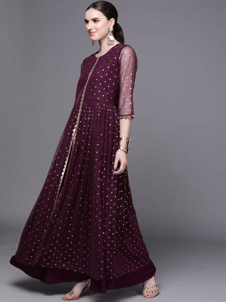 Ahalyaa Women Burgundy Polka Dots Fit & Flare Maxi Ethnic Dress | Swadesiicart