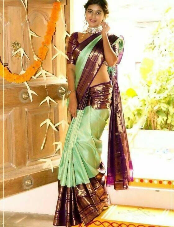 DEIANA'S Beautiful Designer Golden zari Soft Lichi Silk Saree - Pista - Swadesiicart