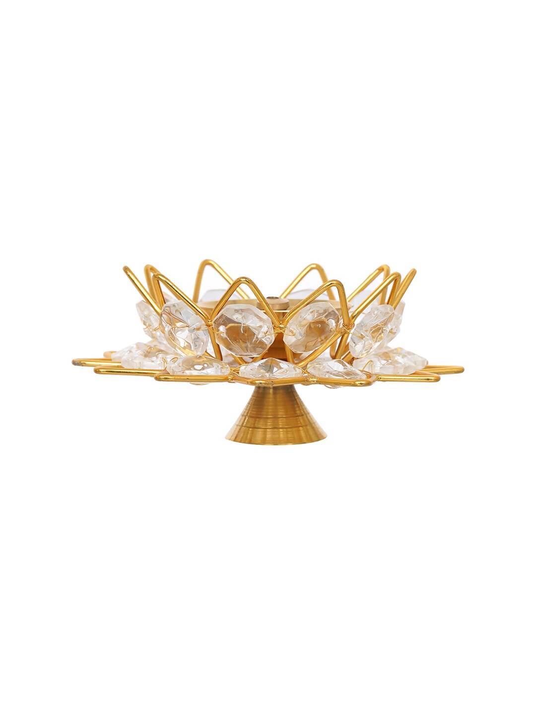 eCraftIndia Gold-Toned & White 2 Pieces Crystal Lotus Shape Brass Diyas | Swadesiicart