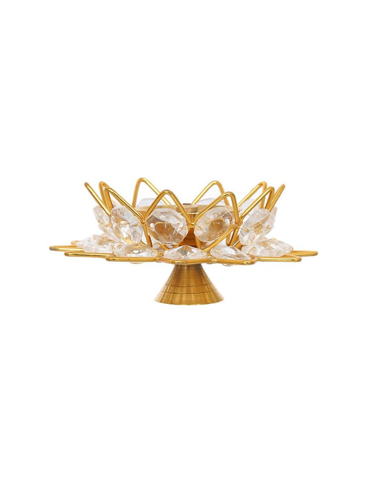 eCraftIndia Gold-Toned & White 2 Pieces Crystal Lotus Shape Brass Diyas | Swadesiicart