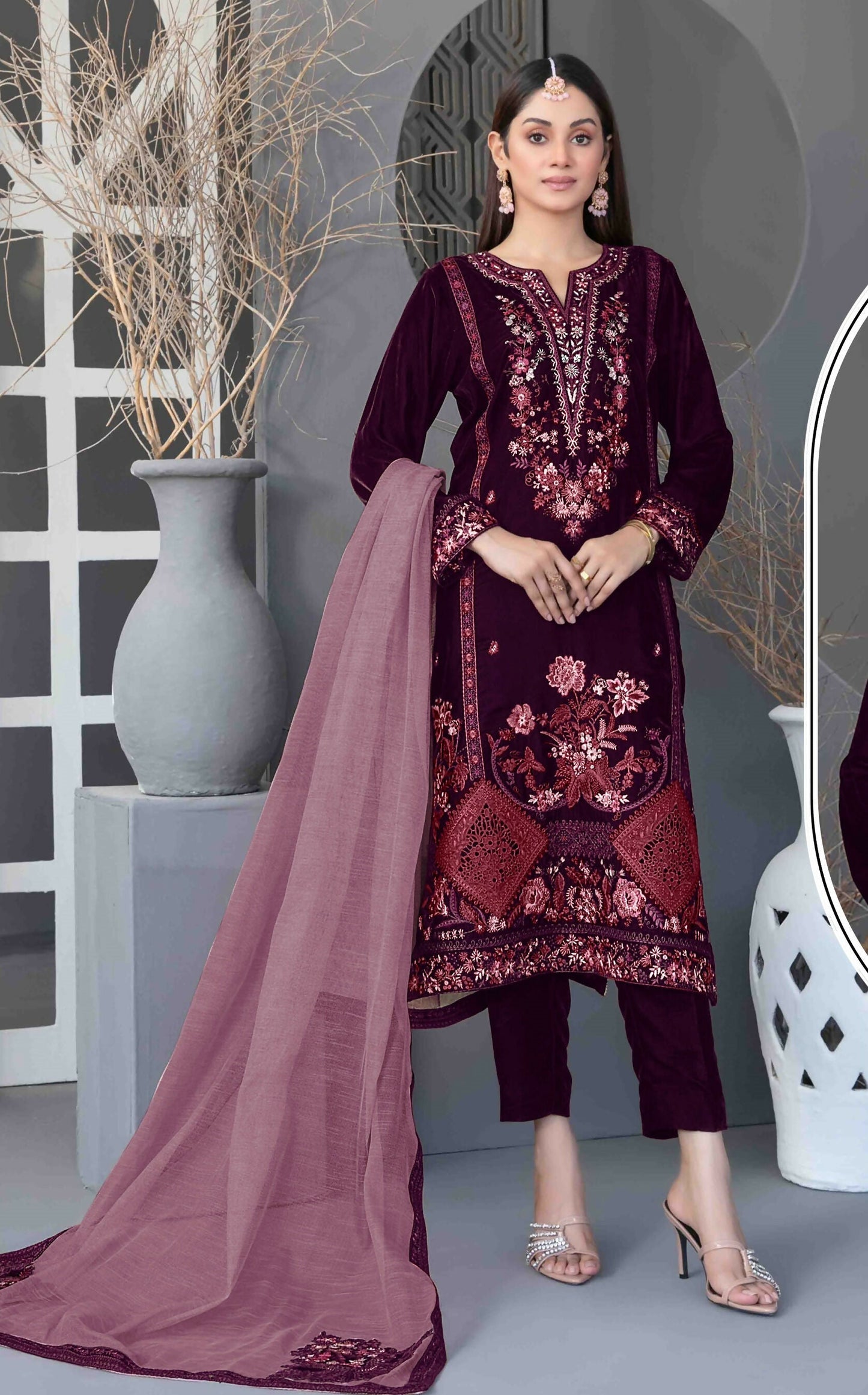 Anaita Purple Velvet Suit with Embroidery Sequence Work - Swadesiicart
