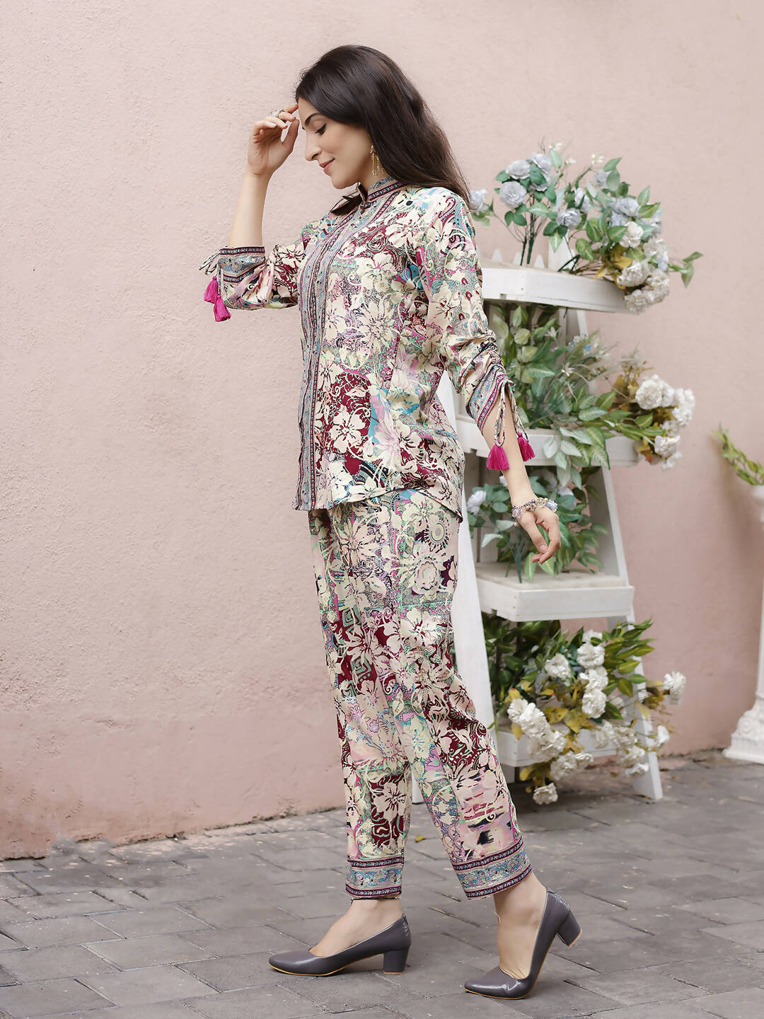 Cream Rayon Floral Printed Top with Matching Bottom - Eesha - Swadesiicart