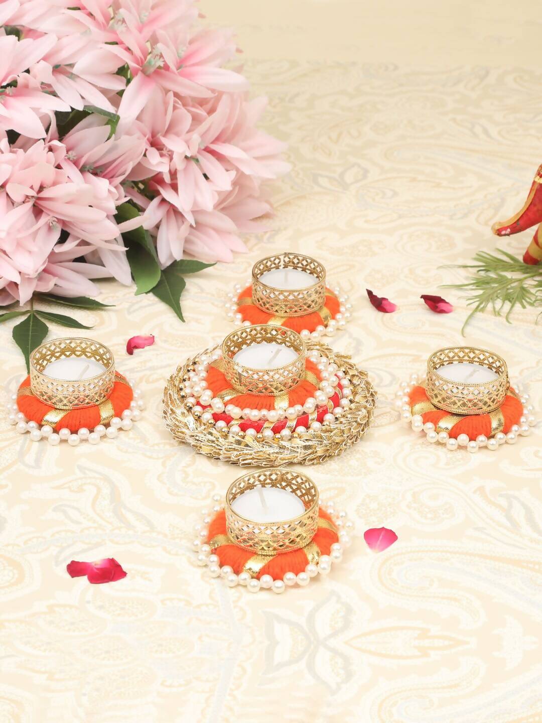 Tied Ribbons Set of 5 Orange & Gold-Toned Tealight Candle Holder | Swadesiicart
