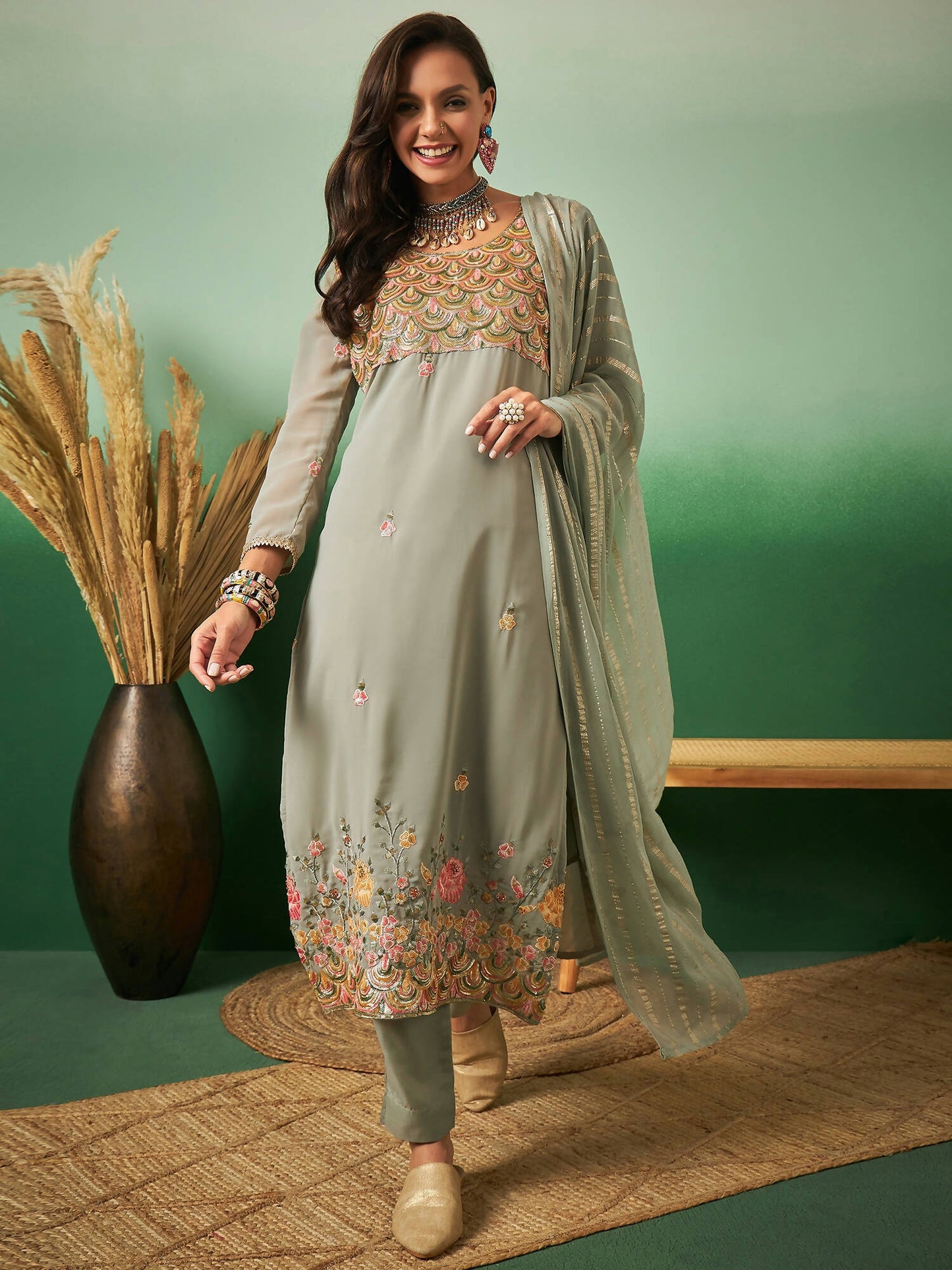 Light Green Georgette Handwork Unstitched Dress Material - Hanika | Swadesiicart