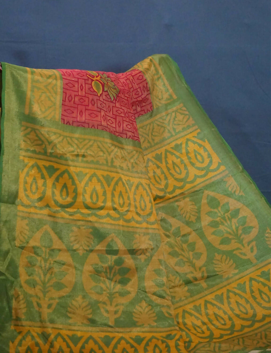 Tomato Pink And Light Green Cotton Brasson Saree For Office/Regular Wear By Gayathri Reddy Designer Studio | Swadesiicart