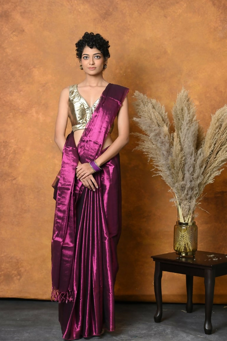 Very Much Indian Fusion Cotton Tissue Shimmer Saree - Maroon | Swadesiicart