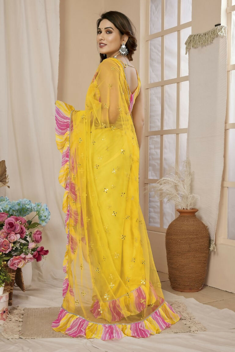 Partywear Designer Yellow Net Fancy Saree - Dyuti | Swadesiicart