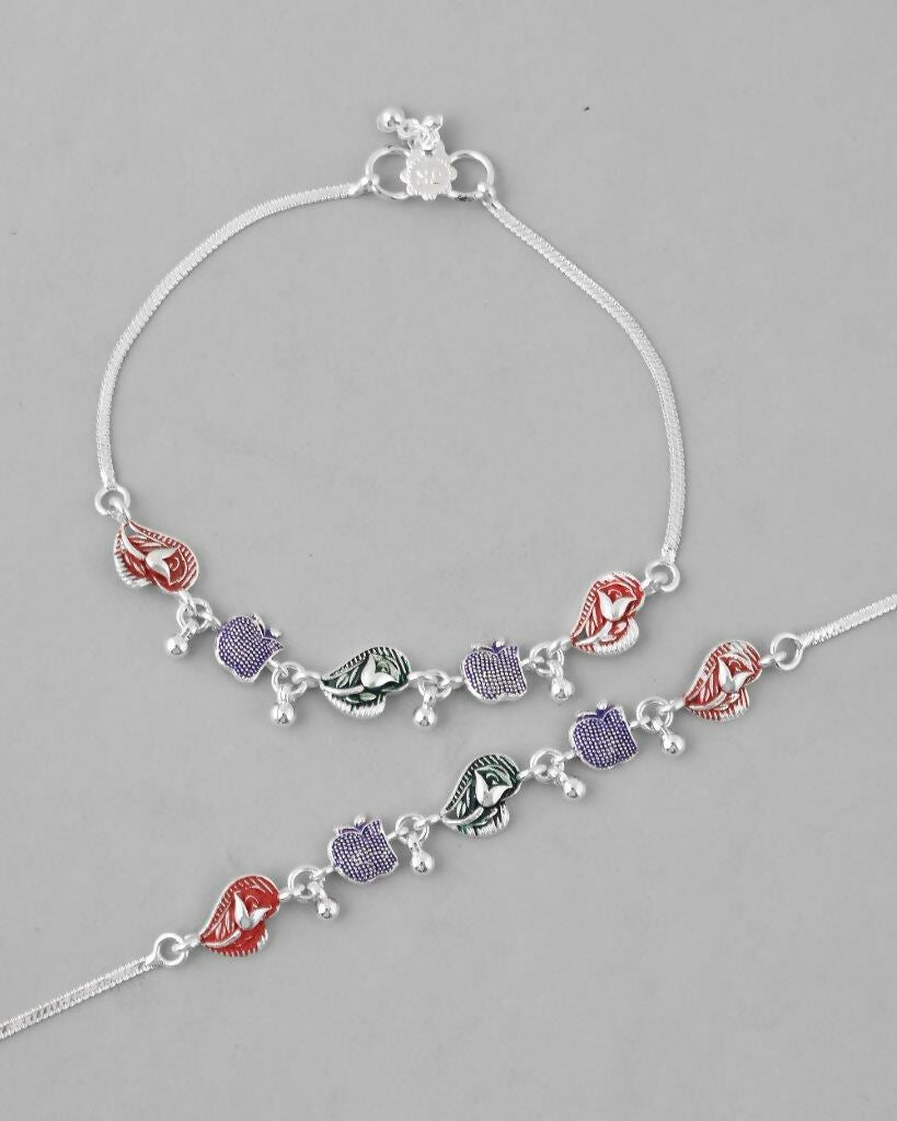 VOJ Set of 2 Silver Plated Designer Multi Color Anklet - Swadesiicart