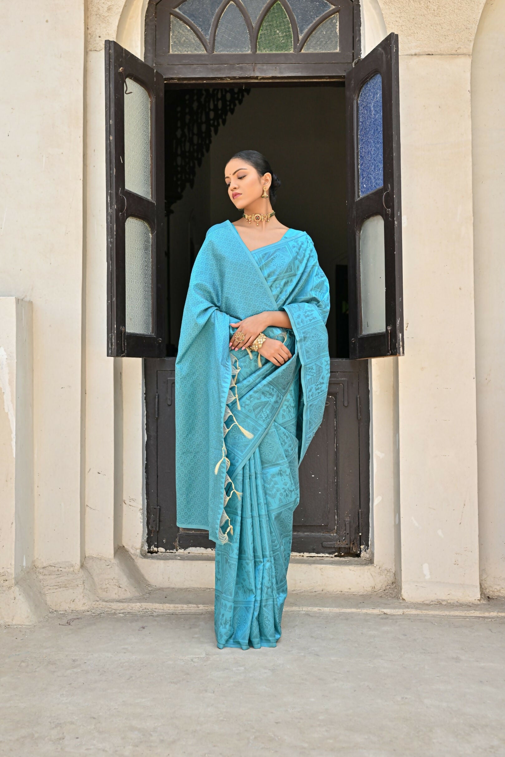 Vishnu Weaves Women's Firozi Handloom Raw Silk Saree with Blouse - Swadesiicart