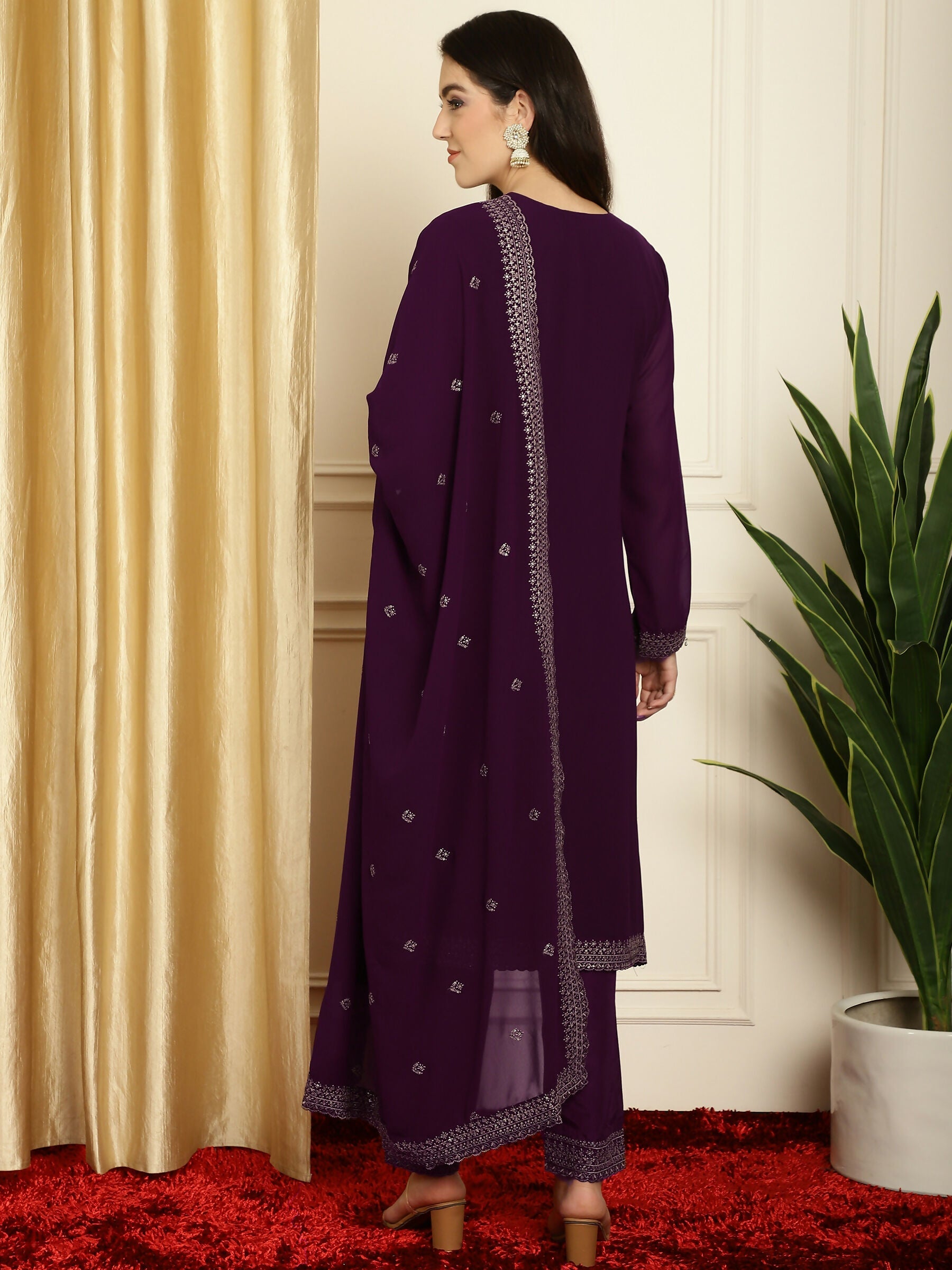 Jyoti Fashion Women's Burgundy Georgette Resham Thread & Sequin Kurta with Trouser & Dupatta | Swadesiicart