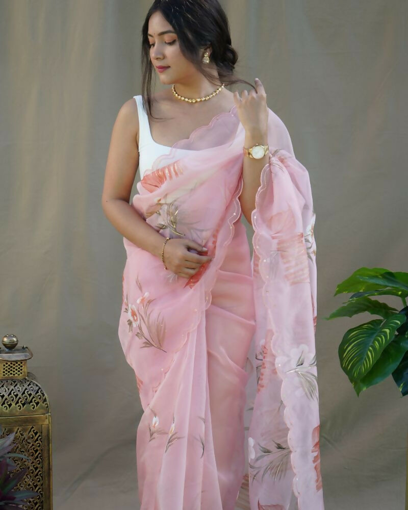 Vamsee Menka Peach Organza Saree - Swadesiicart