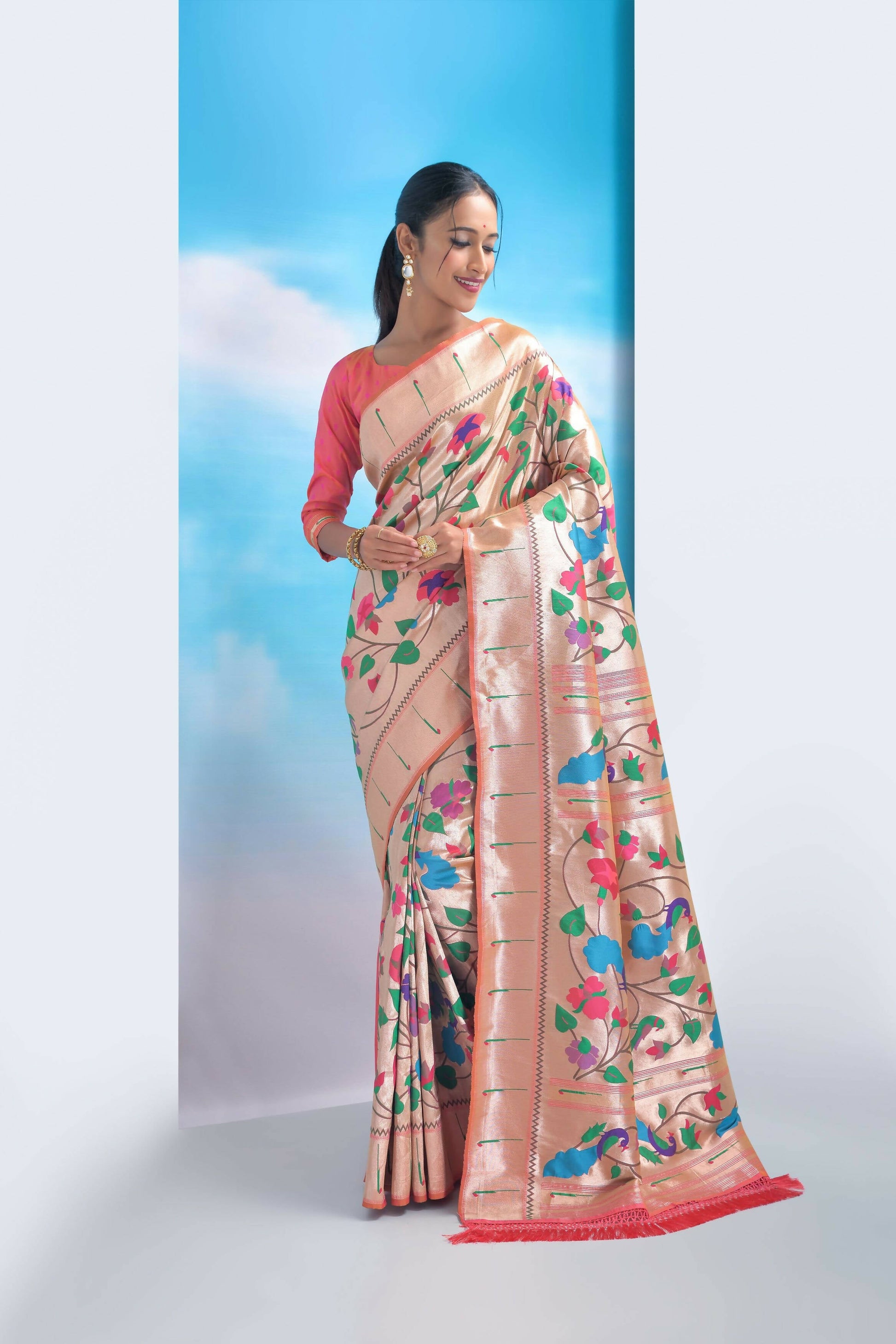 Vishnu Weaves Women's Peach Paithani Silk Minakari Zari Woven Saree with Unstitched Blouse - Swadesiicart