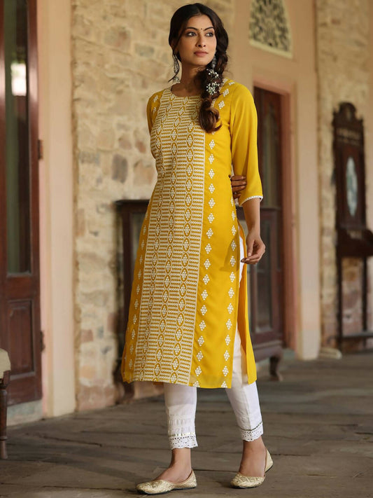 Juniper Women's Yellow Georgette Printed Kurta | Swadesiicart