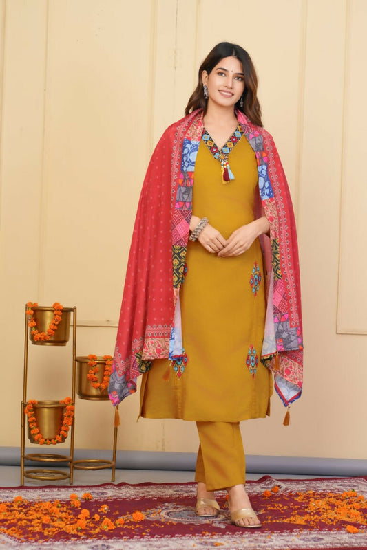 Mustered Viscose Chanderi Embroidered Stitched Suit With Dupatta - Tanisha | Swadesiicart