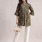 Aavyora Women's Ethnic Floral Printed Tunic - Green with Red & Gold Accents, Pin-Tucked Front, and Flared Hem