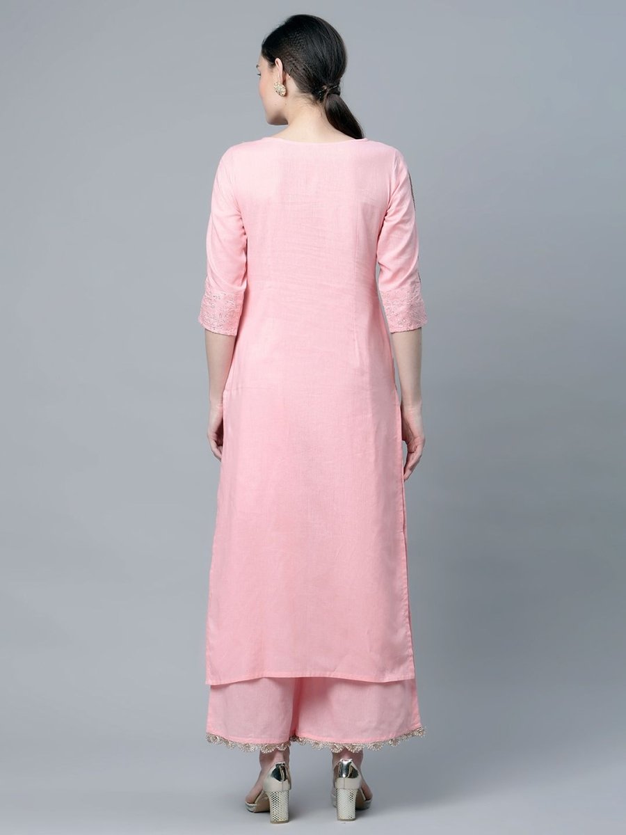 Ahalyaa Women's Baby Pink Pure Cotton Printed Kurta Palazzo Set | Swadesiicart