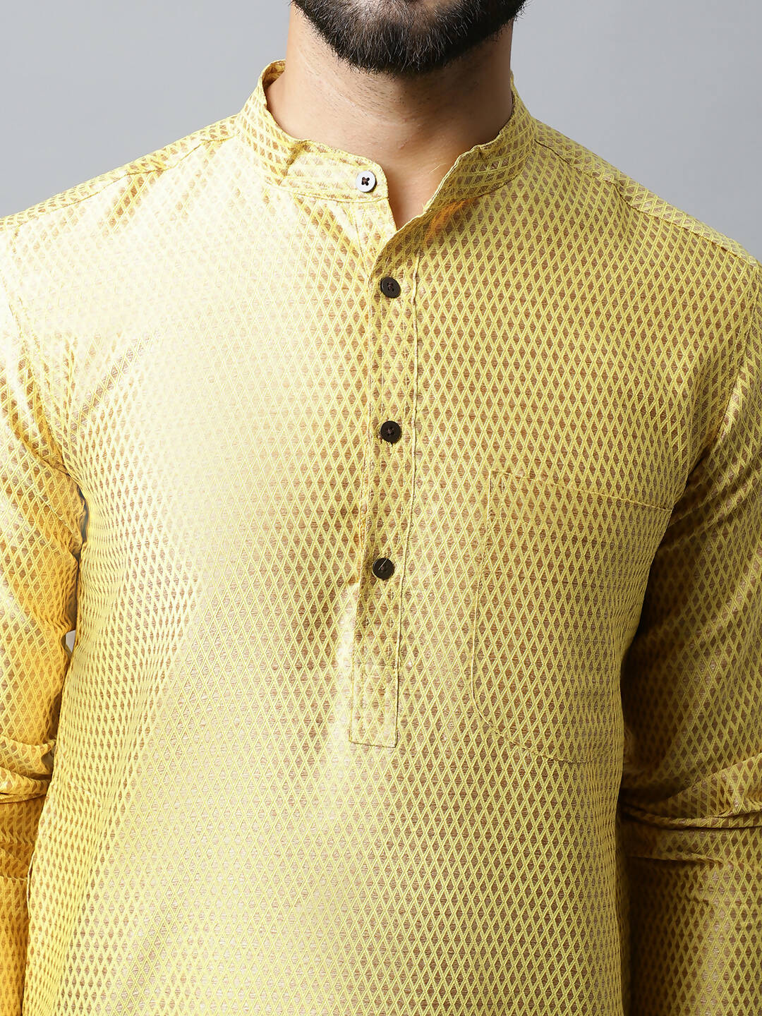 Even Apparels Yellow Color Art Silk Banarsi Silk Men's Kurta With Band Collar (BS017) | Swadesiicart