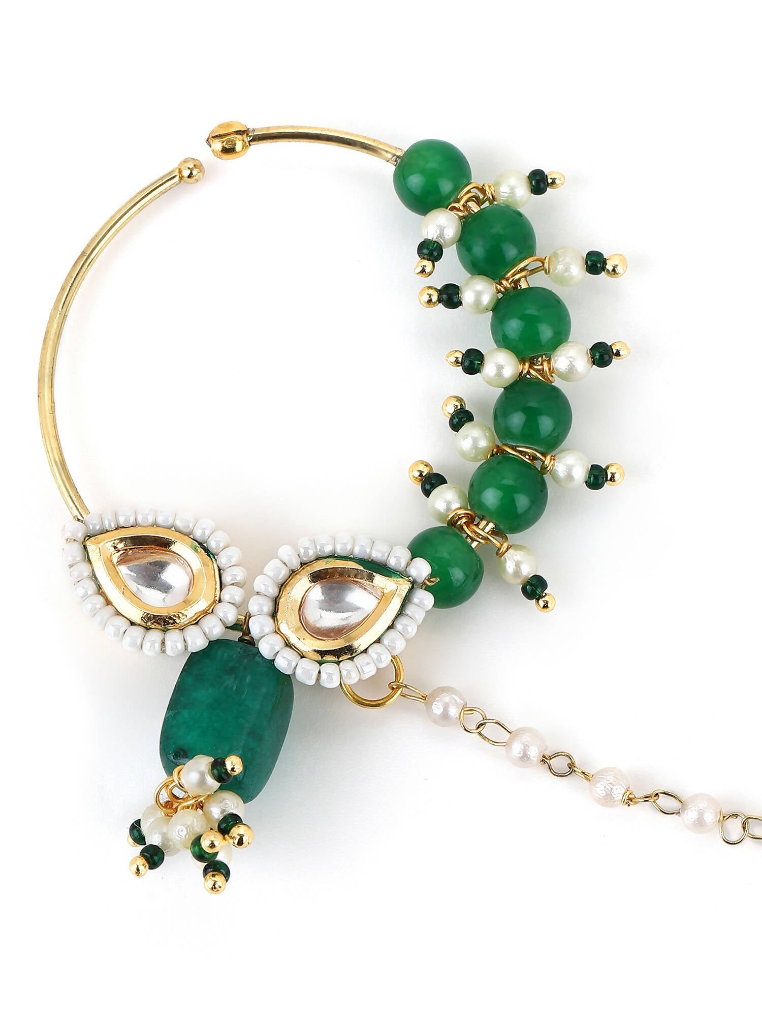Gold-Polished White Green Kundan Studded Beaded Chain Nose Pin - Ruby Raang | Swadesiicart