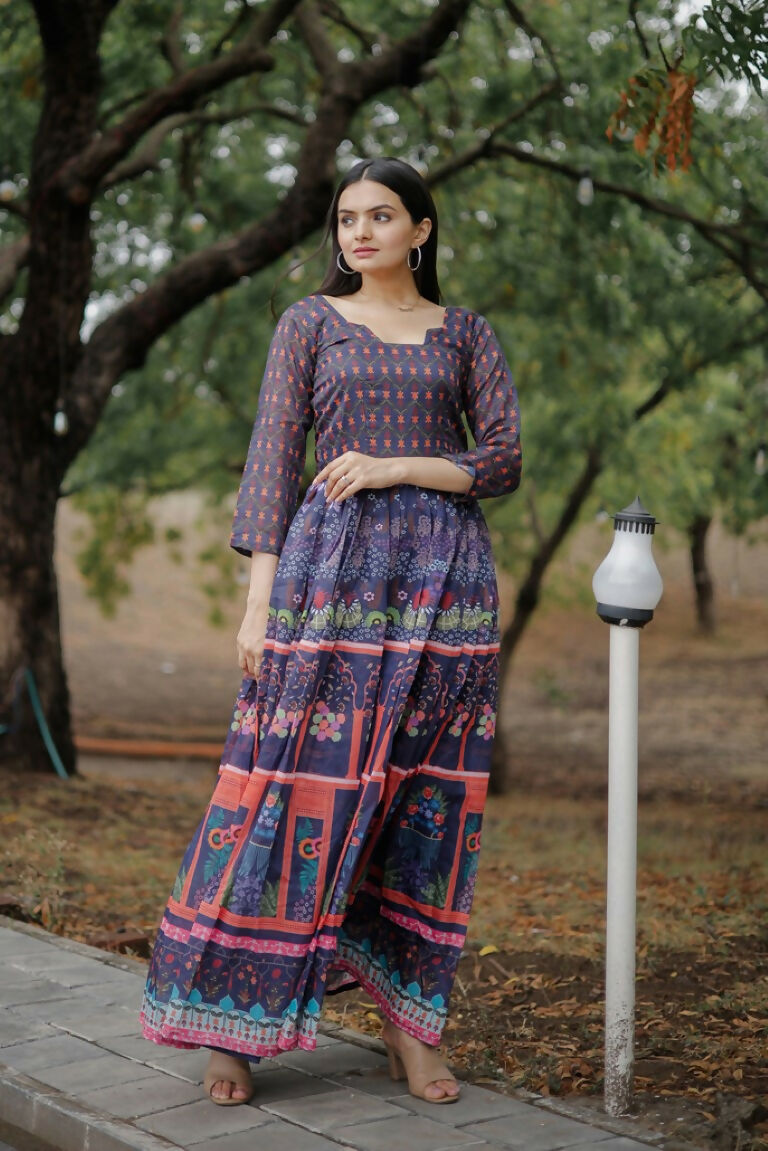 Jyoti Fashion Women's Purple Heavy Digital Printed Pure Chanderi Anarkali Dress | Swadesiicart