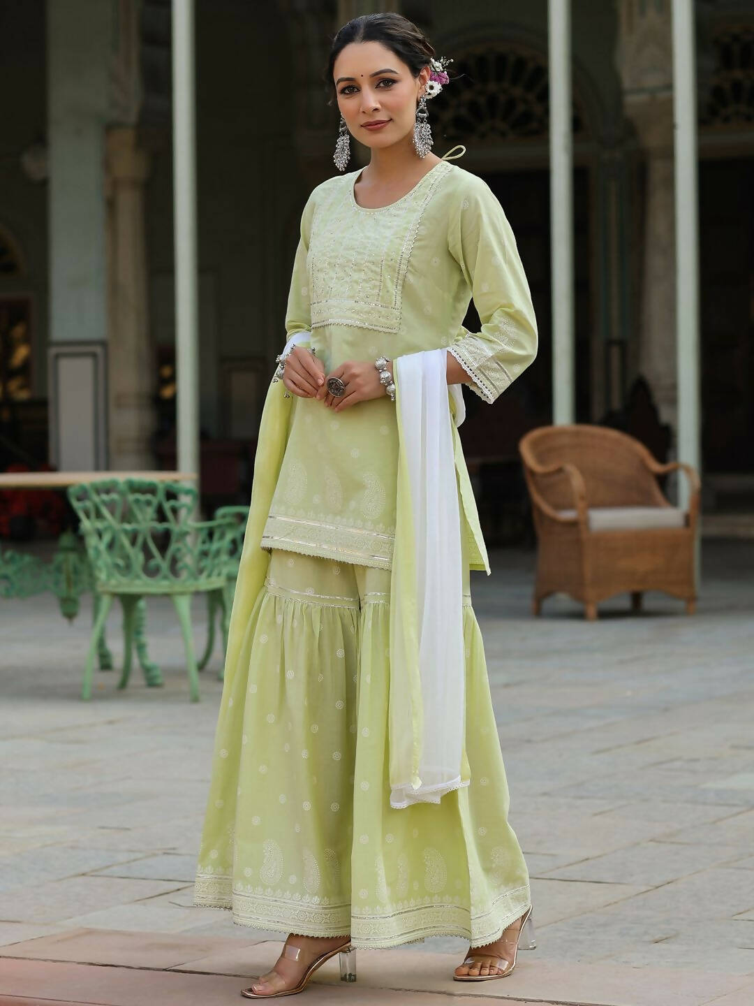 Juniper Women's Lime Green Cambric Floral Print Kurta Sharara Sets | Swadesiicart