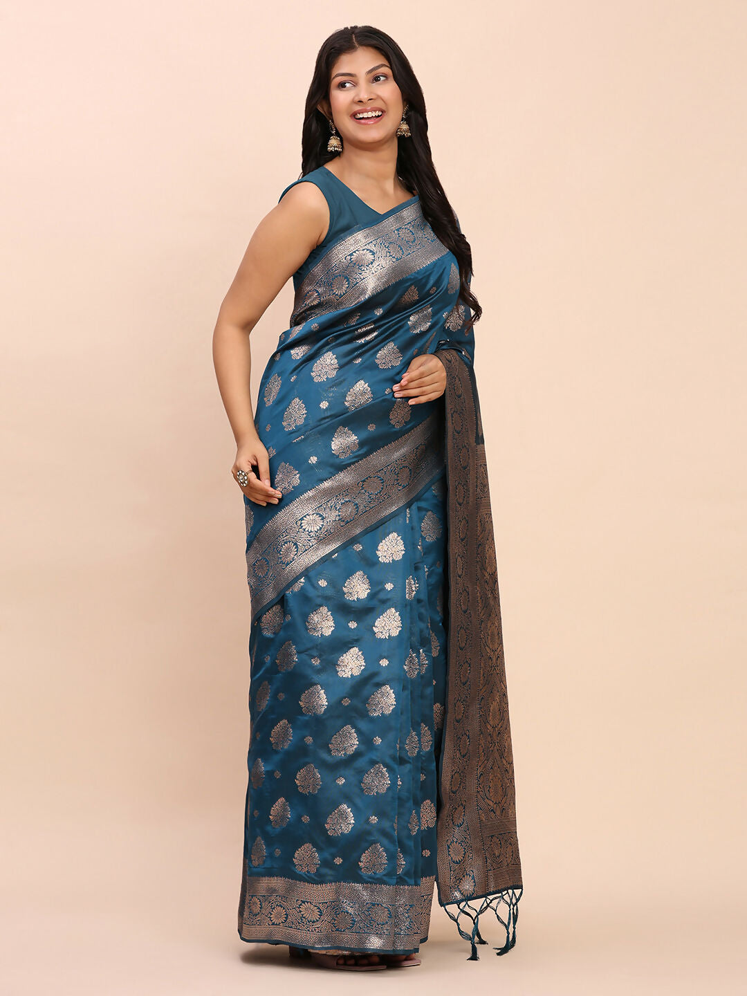 Astita Banarasi Silk Teal Blue Saree | Swadesiicart