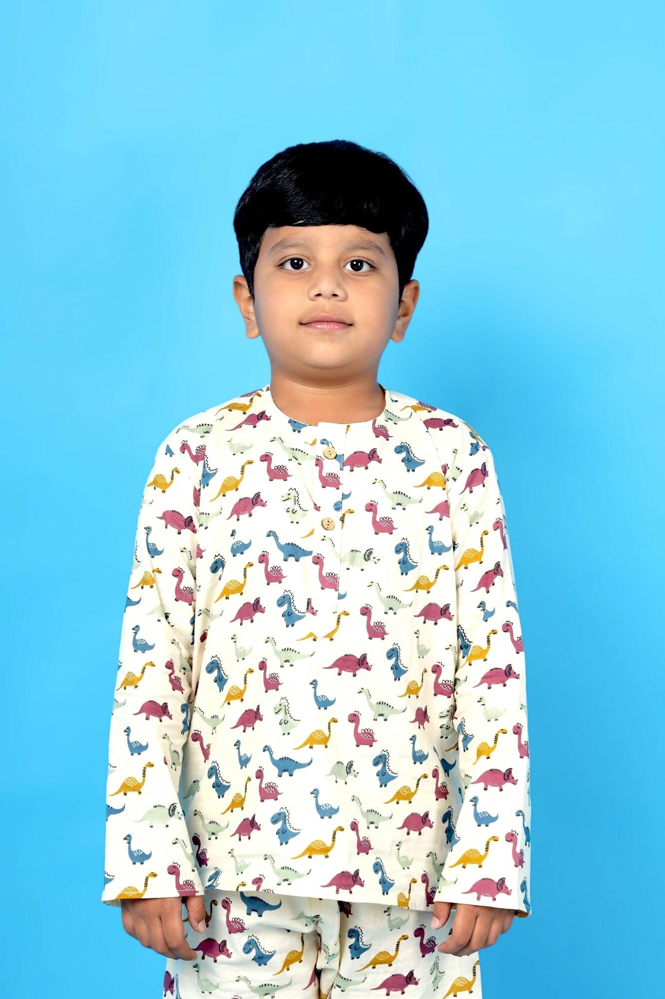 Breathables Kids Cotton Dinosaur Print Night Suit – Cream Full Sleeves Kurta & Pants Co-Ord Set | Boys & Girls Nightwear & Loungewear