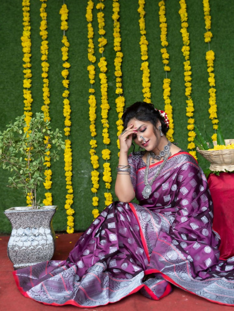 Jyoti Fashion Women's Wine Soft Handloom Silk Zari Woven Saree with Blouse | Swadesiicart
