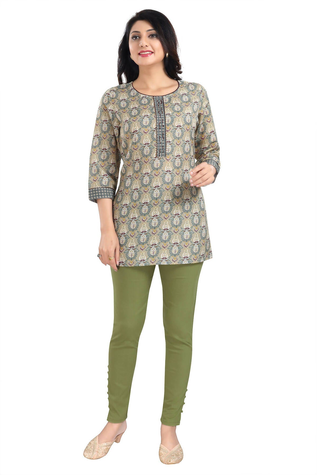 Snehal Creations Pretty Pastle Variyali Green Rayon Short Kurti Tunic Top - Swadesiicart