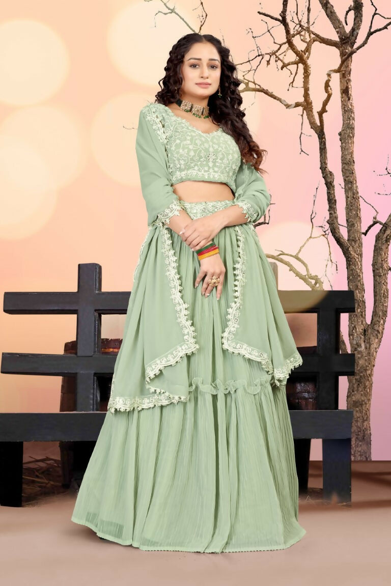 Jyoti Fashion Sea Green Two Tier Crush Georgette Lehenga Choli with Dupatta | Swadesiicart