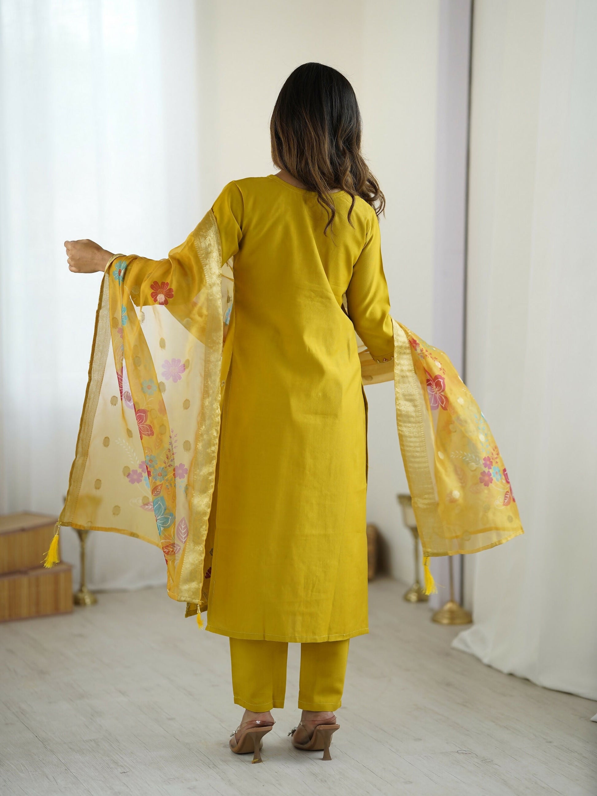 The52 Yellow Women's Gorgeous Embroidered work Viscose Gadhwal Fabric Straight Kurta, Pant and Dupatta Set - Swadesiicart