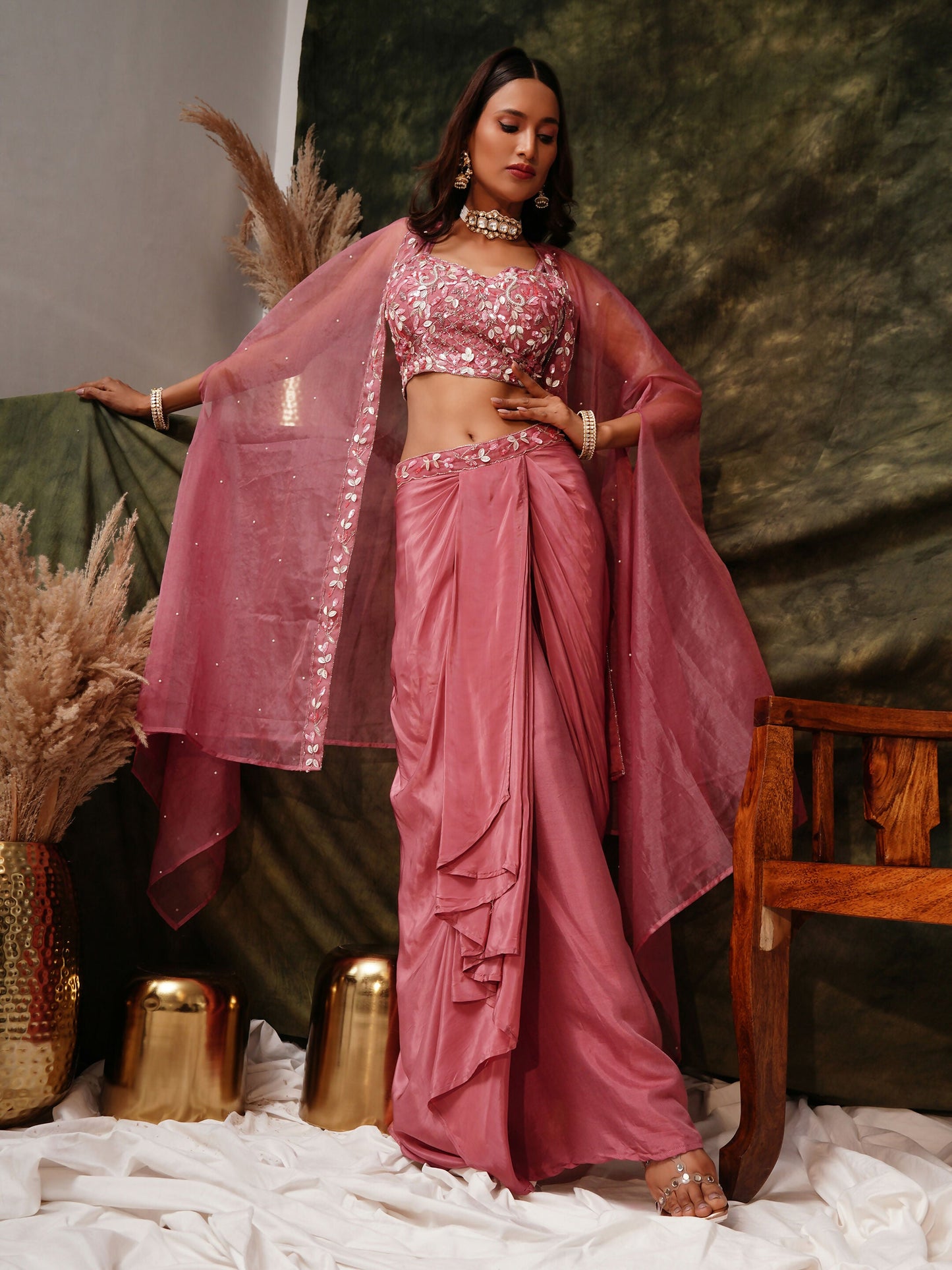 Pink Pure Crepe Handwork Top with Skirt & Shrug - Naomika - Swadesiicart