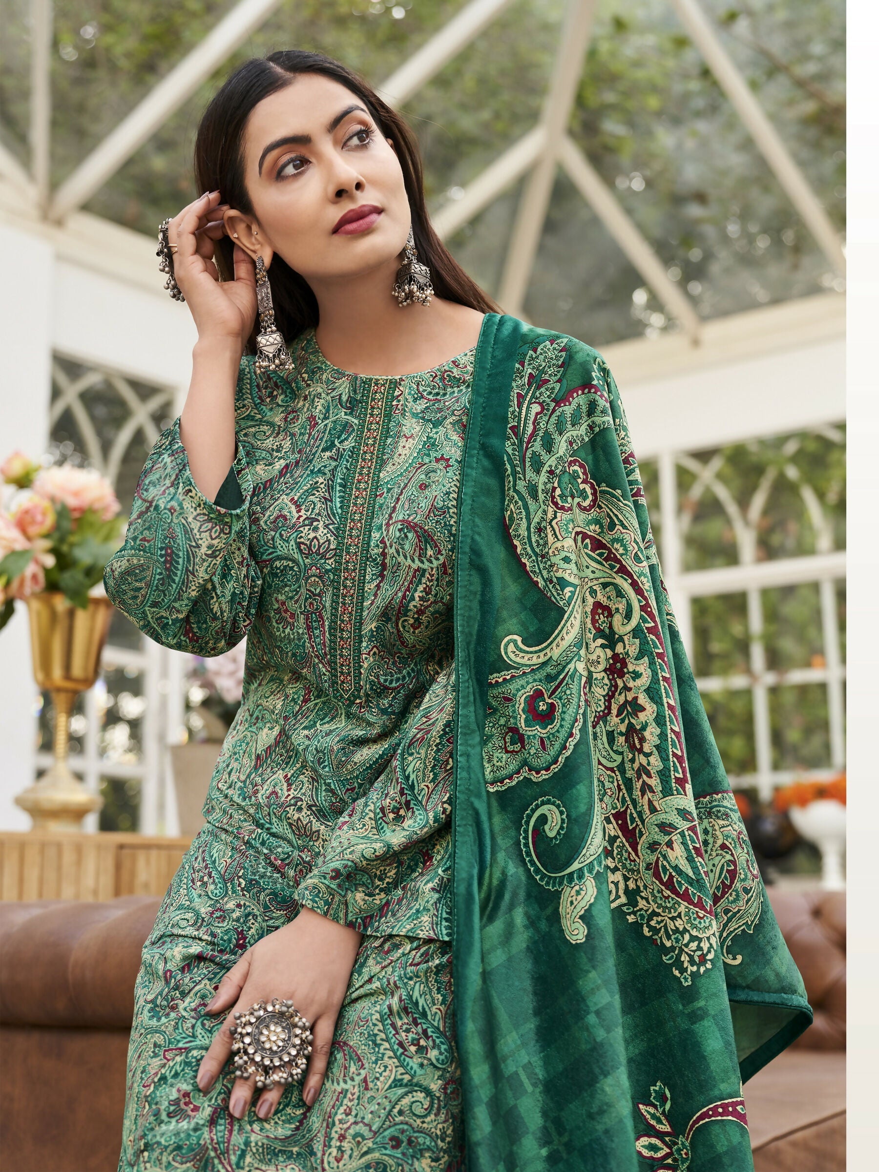 Jyoti Fashion Women's Green Velvet Digital Print with Resham Thread work Kurta with Trouser & Dupatta | Swadesiicart