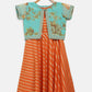 Ahalyaa Orange Crepe Gold Stripped Printed Kids Dress With Jacket For Girls | Swadesiicart