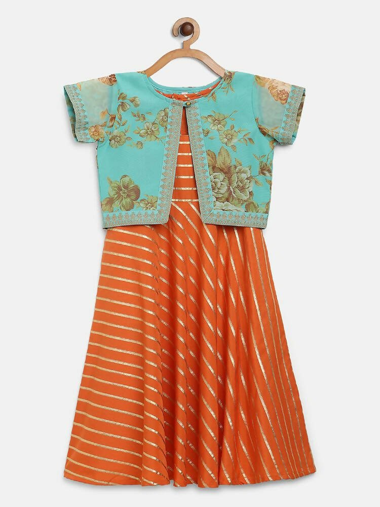 Ahalyaa Orange Crepe Gold Stripped Printed Kids Dress With Jacket For Girls | Swadesiicart