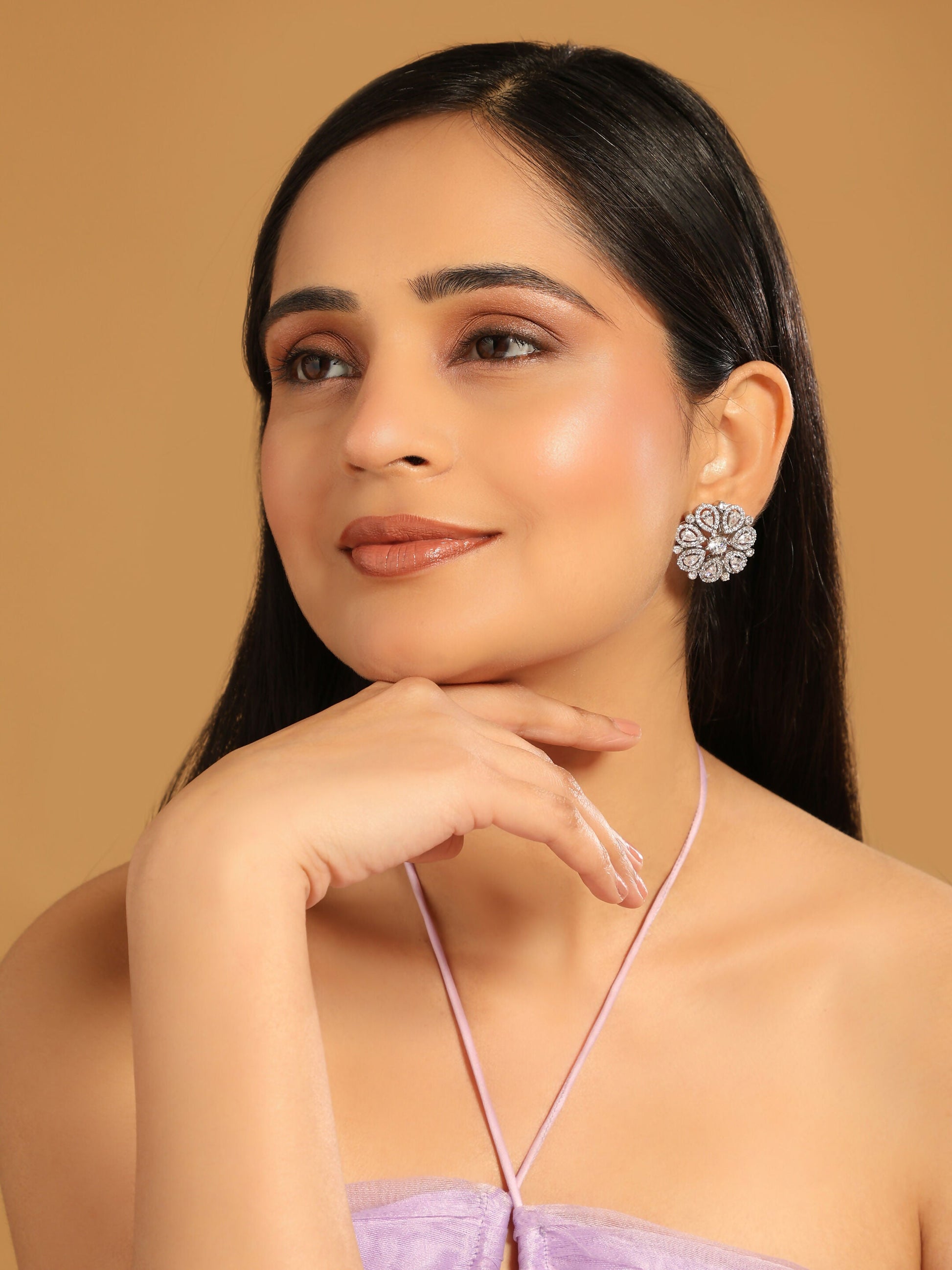 Nuyug Rhodium-Plated Zircon Studded Floral Statement Stud Earrings | Swadesiicart