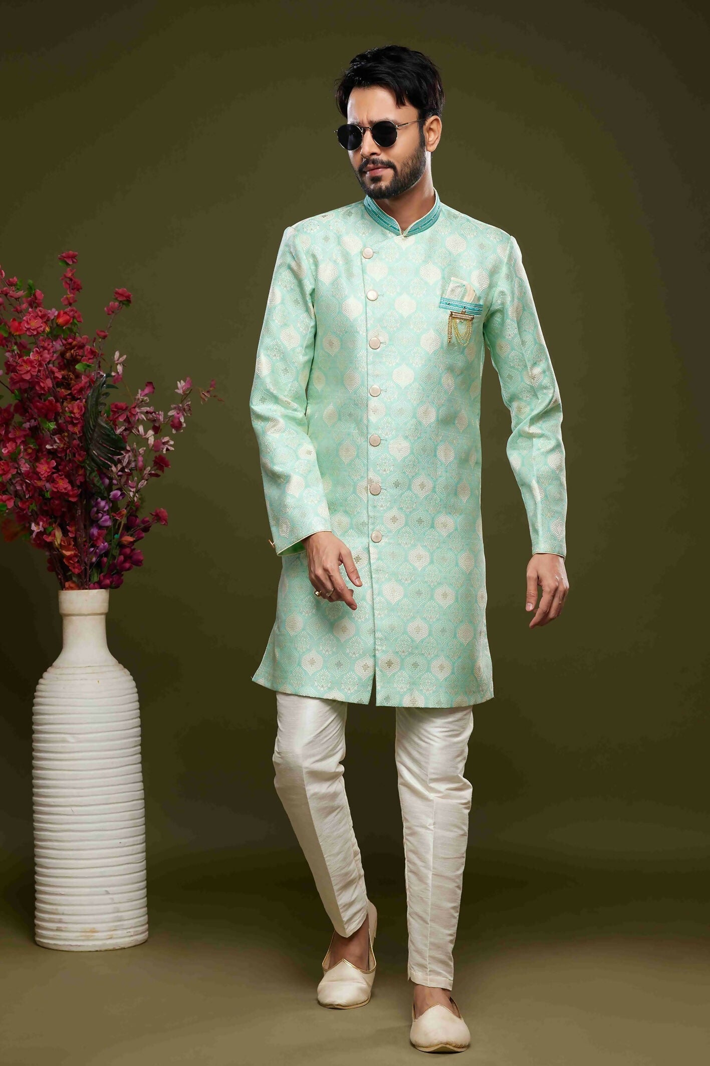 Raivat Ethnic Banarasi Jacquard Embroidery Semi Indo Western Sherwani In Pista Green Colour | Swadesiicart