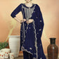 Jyoti Fashion Women's Navy Blue Velvet Cording with Resham Thread & Sequin Kurta with Trouser & Dupatta | Swadesiicart